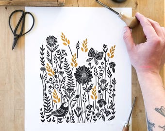Linocut Print, Nature Print, Nature Art, Lino Print, Linoleum Print, Scandinavian Art, Black Art, Monochrome Nursery, Floral Print Field Art
