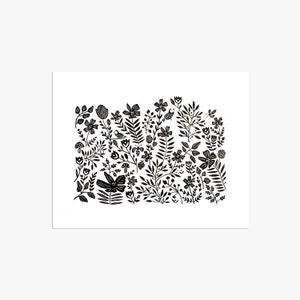 May include: Black and white illustration of a floral pattern with birds, bees, and mushrooms. The design features a variety of flowers, leaves, and stems.