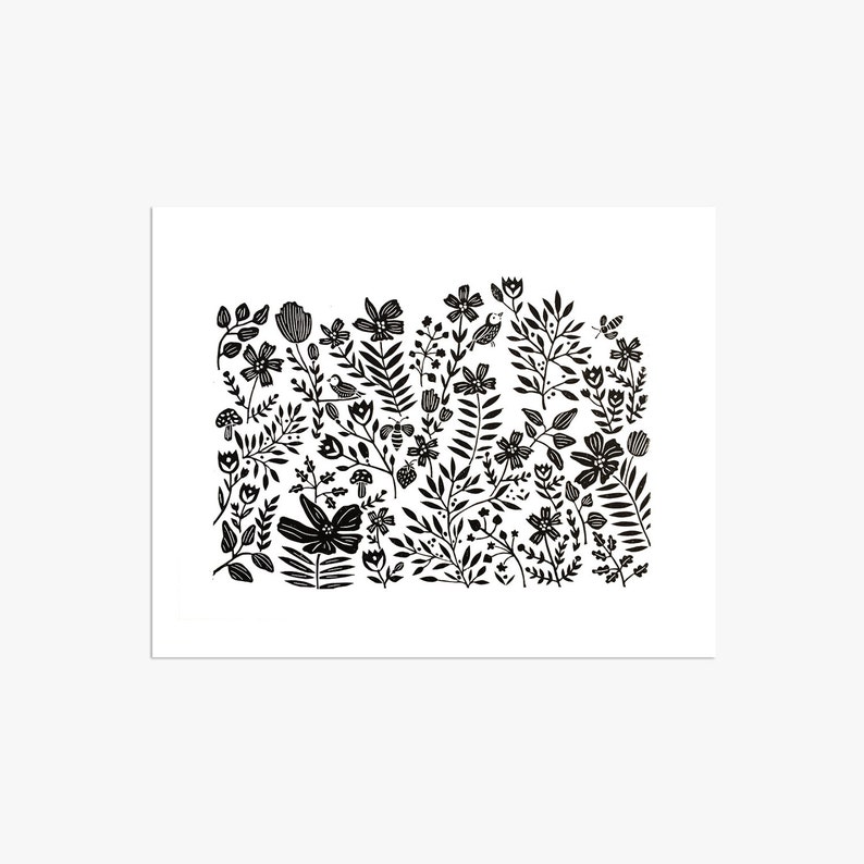 May include: Black and white illustration of a floral pattern with birds, bees, and mushrooms. The design features a variety of flowers, leaves, and stems.