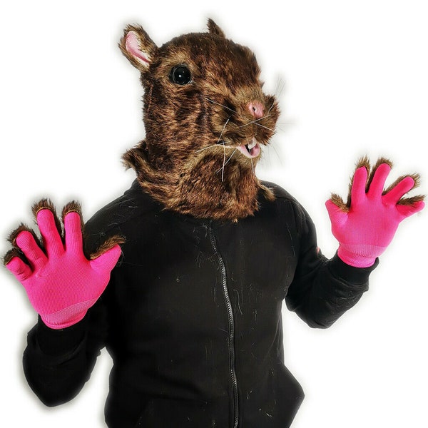 Furry Rat Mask & Gloves Rodent Animal Splinter Movie Costume Accessory Brown