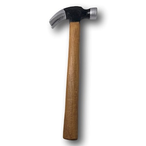 May include: A black and silver hammer with a wooden handle.