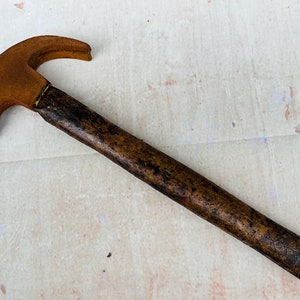 Pu&ograve; includere: Un martello marrone arrugginito con un manico di legno. Il martello ha una testa di metallo con un artiglio sul retro.