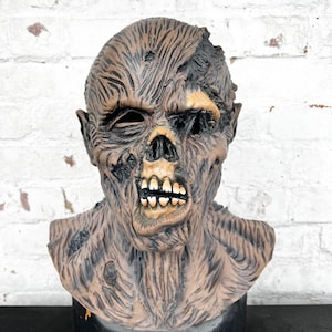 May include: A detailed, realistic zombie mask with a torn, flesh-like texture. The mask is brown and gray with a visible skull and teeth. The mask is mounted on a black stand with the word "EFFX" printed on it.