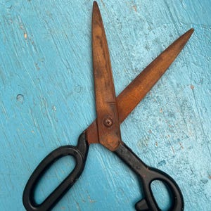 May include: A pair of rusty scissors with black plastic handles. The scissors are open and lying on a blue wooden surface.