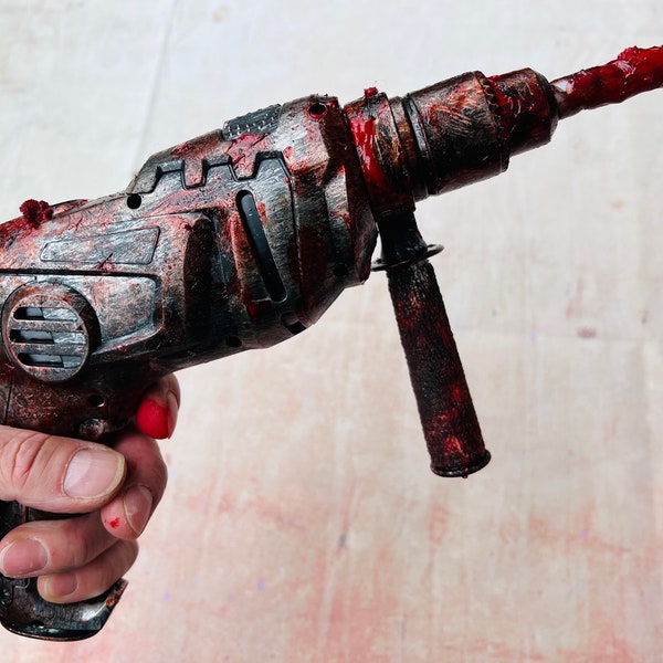 Bloody Silver Electric Drill Hostel Style Horror Movie Prop Plastic Battery Op Tool Weapon