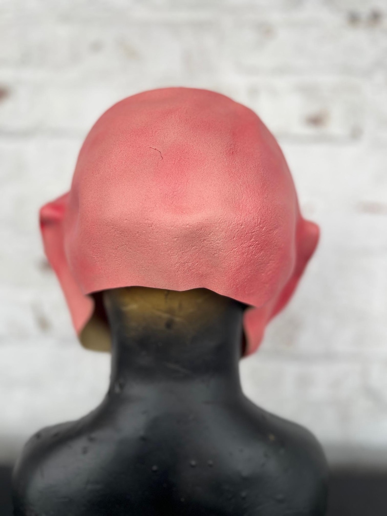 Puede incluir: Una m&aacute;scara de l&aacute;tex rosa con una superficie lisa. La m&aacute;scara se lleva puesta en una cabeza de maniqu&iacute; negra.