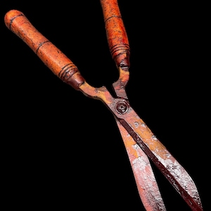 May include: A pair of rusty, antique pruning shears with wooden handles. The handles are a reddish-brown color and the blades are a dark red with rust spots.
