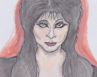 ELVIRA  8" x 10" Art Print Watercolor Painting by artist Phil Born Mistress of the Dark Horror Hostess Gothic Comedy