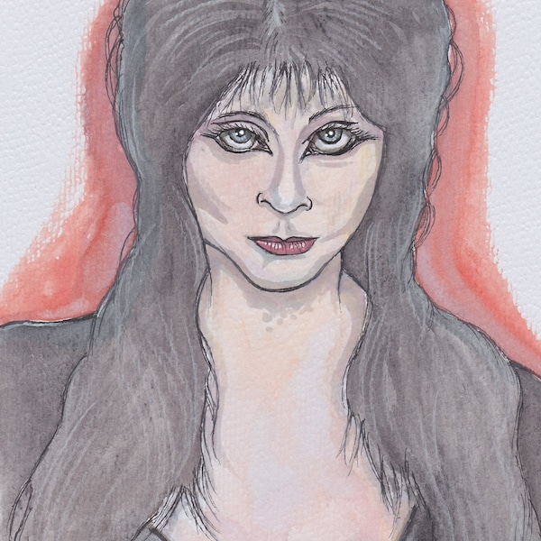 ELVIRA  8" x 10" Art Print Watercolor Painting by artist Phil Born Mistress of the Dark Horror Hostess Gothic Comedy