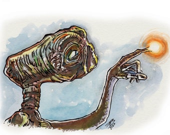 May include: A watercolor painting of a fictional alien character with large eyes and a long, thin finger pointing towards a glowing orange orb. The alien is brown and green with a textured surface.