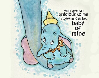 DUMBO Watercolor Print / Nursery Fine Art Quality Print (Multiple Sizes) / Dumbo Print / Disney Nursery / Baby Dumbo / Baby of Mine