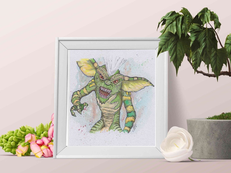 GREMLINS Original Watercolor Painting Stripe Horror Decor