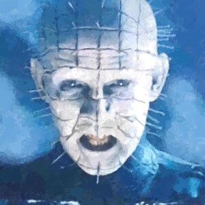 May include: A close-up portrait of a horror movie character with a pale face and a grid of sharp metal spikes protruding from their skin. The character has a menacing expression and is looking directly at the viewer.