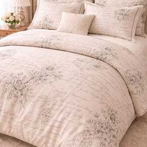 Parure de lit écriture française anthracite crème, literie de style vintage shabby chic victorien français campagne romantique neutre chambre Chateaucore
