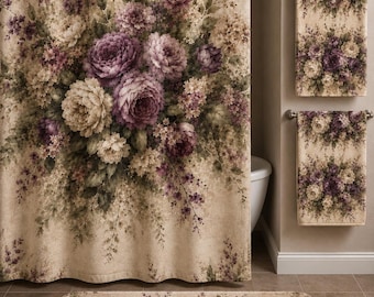 Cortina de ducha a juego Chateaucore con estampado floral de rosas color ciruela suave, juego de baño victoriano, estilo campestre francés chic, regalo de inauguración de casa o de boda