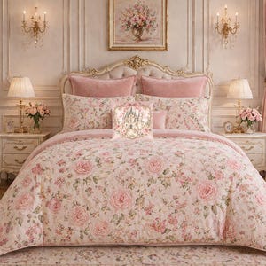 May include: A bedding set featuring a light pink duvet cover and matching pillow shams adorned with a dense pattern of pink roses and green foliage. A square decorative pillow with a castle illustration is centred on the bed.
