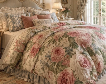Cotton Chateaucore Pink Peonies Roses Comforter Set Floral Vintage Style Bedding Shabby Chic Victorian Queen King Twin French Romantic Bed