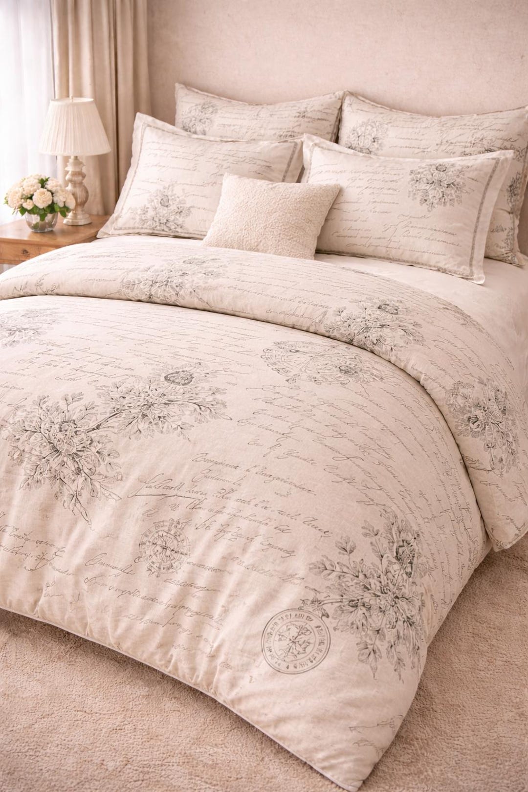Chateaucore Soft Cream French Script Comforter Set Vintage Style ...