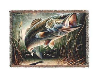 Bass Fish Woven Blanket Cozy Nights, Wall Tapestry for Outdoor Enthusiasts Fishing Gift for Fisherman Husband Dad Home Decor Fishermen Throw