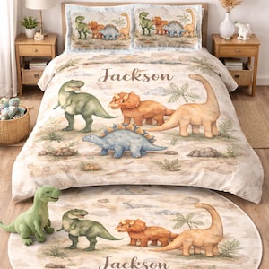 Personalized Dinosaurs Kids Comforter Set Separates, Custom Name Dinosaur Bedding, Kids Bedspread, Gift Toddler Son, Boys Girls Dino Room