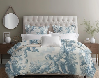 Elegante juego de edredón floral de toile francés Blue Angels, ropa de cama independiente, estilo shabby chic, decoración victoriana cottagecore, tamaño Queen, King y Twin.