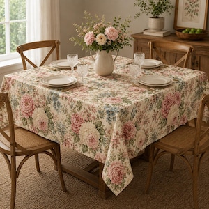 Puede incluir: Un mantel cuadrado con fondo crema y un denso estampado floral de peonías rosas y blancas, hojas verdes y pequeñas flores azules. El mantel cubre una mesa de madera dispuesta con cuatro platos blancos y un jarrón central en el centro.