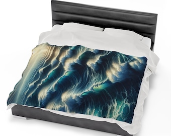 Ocean Wave fluwelen pluche deken, gezellig plaid voor huisdecoratie, strandsfeer, perfect cadeau voor strandliefhebbers, ontspanning, gebruik binnenshuis