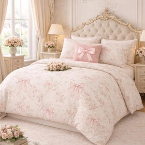 Puede incluir: Una escena de dormitorio con una cama con cabecero acolchado color crema y ropa de cama floral. La ropa de cama incluye una funda nórdica y almohadas con lazos rosas. Una almohada con lazo rosa está centrada en la cama. La habitación tiene una lámpara de araña y cortinas a juego.