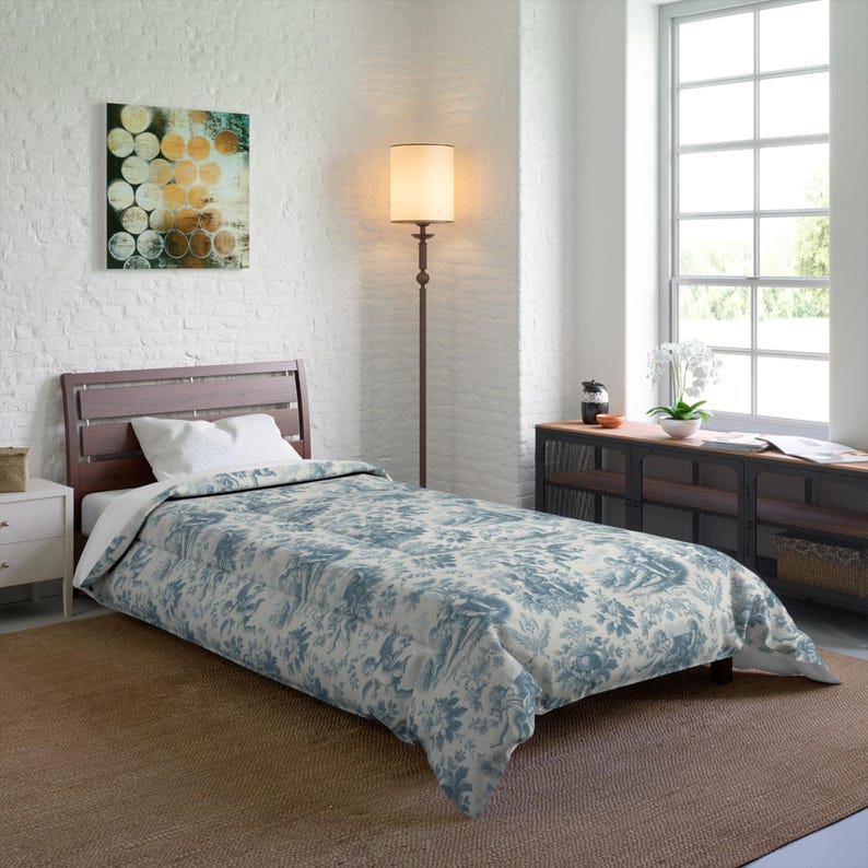 Elegante edredón floral francés Blue Angels, ropa de cama de estilo vintage, estilo shabby chic, decoración victoriana estilo cottagecore, tamaño queen, king y twin. imagen 5