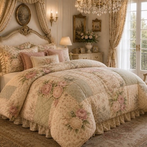 May include: A floral patchwork quilt set featuring a cream base with pink rose clusters and sage green accents. The bedding includes a ruffled bed skirt, matching pillow shams, and decorative throw pillows, all coordinated in a soft, quilted fabric.