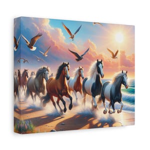 Wild Horses Running on the Beach Canvas Wall Art Print, Equestrian Equine, Ocean Coastal Landscape, Gift for Horse Lovers Mom Dad Him Her