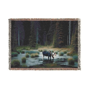 Moose Wilderness Woven Blanket, Rustic Cabin Home Decor Throw, Tapestry Quilt Gift, Cozy Farmhouse Bedroom Accent, Mountain Lodge Couch