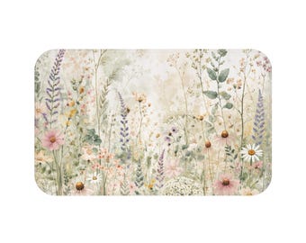 Tapete de banheiro com flores silvestres frescas | Tapete de banheiro delicado com estampa floral em aquarela
