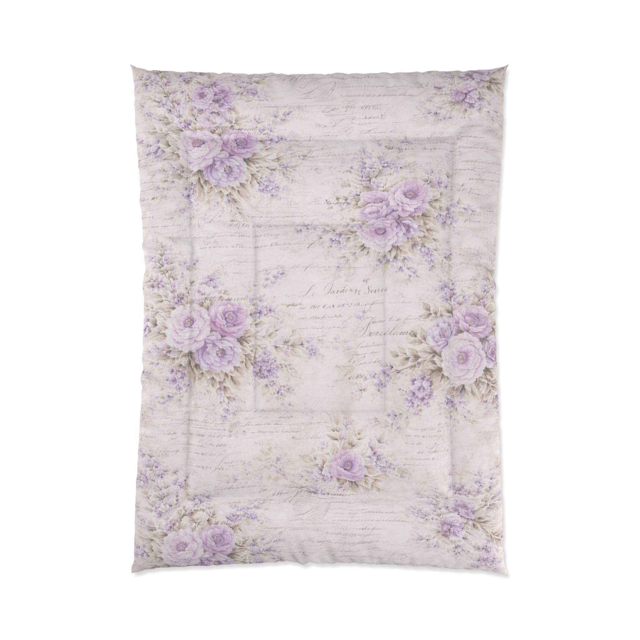 Chateaucore Lavendar Rose Comforter Set Floral French Script Bedding ...