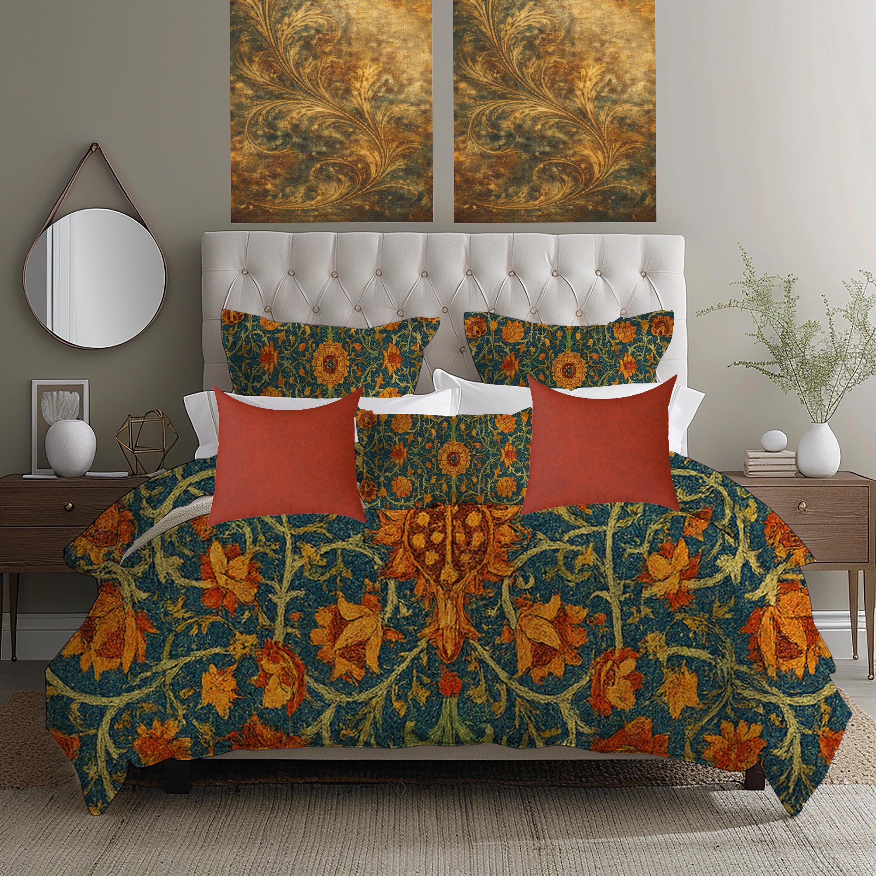 William Morris Rich Green Orange Floral Comforter Set Separates