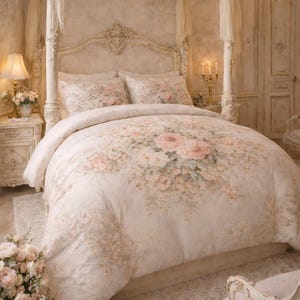 Op de afbeelding: Een luxe slaapkamer met een hemelbed, versierd met een bloemmotief dekbedovertrek en bijpassende kussens. Het beddengoed heeft een zacht, pastelkleurig kleurenpalet met roze en crèmerozen. De kamer is ingericht in een vintage stijl.