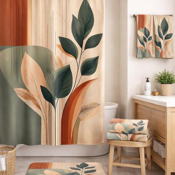 Set tenda doccia boho botanica, arredamento bagno moderno di metà secolo, tappetino da bagno con foglie astratte, accessori da bagno color terracotta salvia neutra