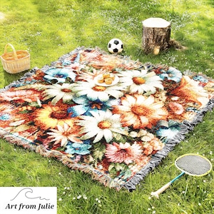 Pastel Daisies Plaid Woven Throw Blanket, Cottagecore Tapestry, Country Cottage Picnic textile wall art,  Farmhouse Decor, Gift for Grandma