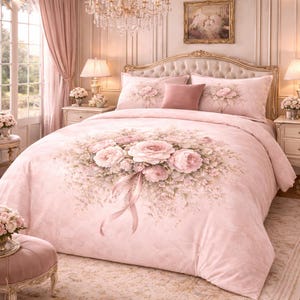 May include: A pink floral bedding set featuring a large bouquet of roses and ribbons. The set includes a comforter, two pillowcases, and a decorative pillow. The bedroom has a chandelier, lamps, and a window with pink curtains.