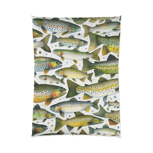 Trout Fish Fishing Comforter, Fishermen Bedding, Rustic Country Bedspread, Boho Gift for Dad Him Son, Cream Green Beige Cabin Lodge Decor