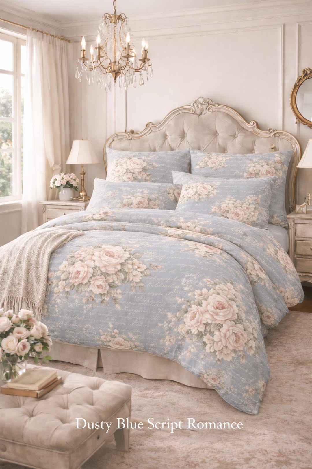 Chateaucore Dusty Blue Rose Comforter Set Floral French Script Bedding ...