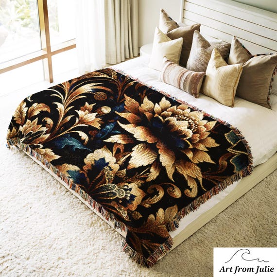 Elegant Dark Blue Gold Floral Woven Tapestry Throw Blanket
