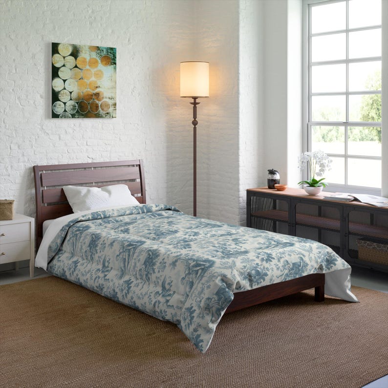 Elegante edredón floral francés Blue Angels, ropa de cama de estilo vintage, estilo shabby chic, decoración victoriana estilo cottagecore, tamaño queen, king y twin. imagen 8