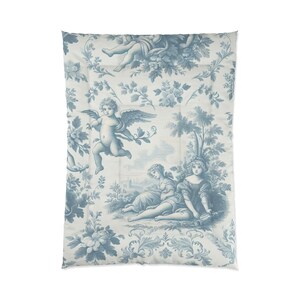 Elegante juego de edredón floral de toile francés Blue Angels, ropa de cama independiente, estilo shabby chic, decoración victoriana cottagecore, tamaño Queen, King y Twin. imagen 3