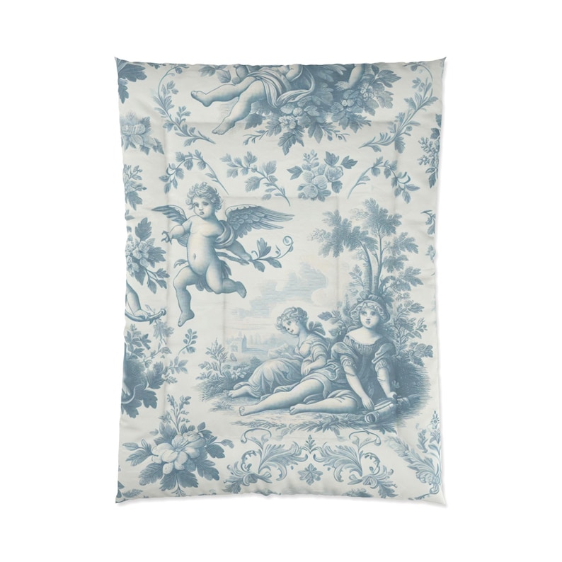 Elegante juego de edredón floral de toile francés Blue Angels, ropa de cama independiente, estilo shabby chic, decoración victoriana cottagecore, tamaño Queen, King y Twin. imagen 3
