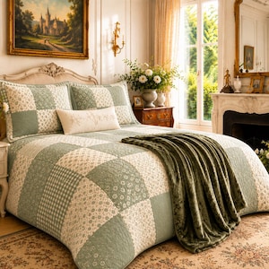 Vintage Sage Green Patchwork Comforter Set, Cottagecore Bedding, French Country Quilt Comforter, Chateaucore Bedroom Decor, Farmhouse Bed