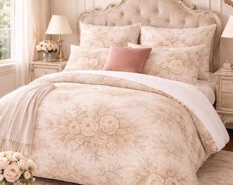 Edredón 100% algodón con estampado de rosas teñidas con té, colcha floral de estilo campestre francés Chateaucore, regalo de boda o inauguración de casa de estilo shabby chic.