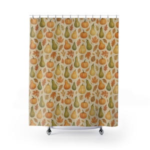 Gourds Leaves Fall Autumn Floral Fabric Stall Shower Curtain Country Farmhouse Bathroom, Botanical Bathroom, Orange Green Art Print Decor