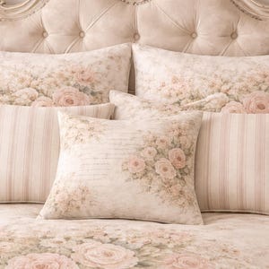 Pode incluir: Uma cama com cabeceira almofadada e várias almofadas. As almofadas e o cobre-leito apresentam um padrão floral em tons suaves de rosa e creme. Algumas almofadas têm um design listrado.