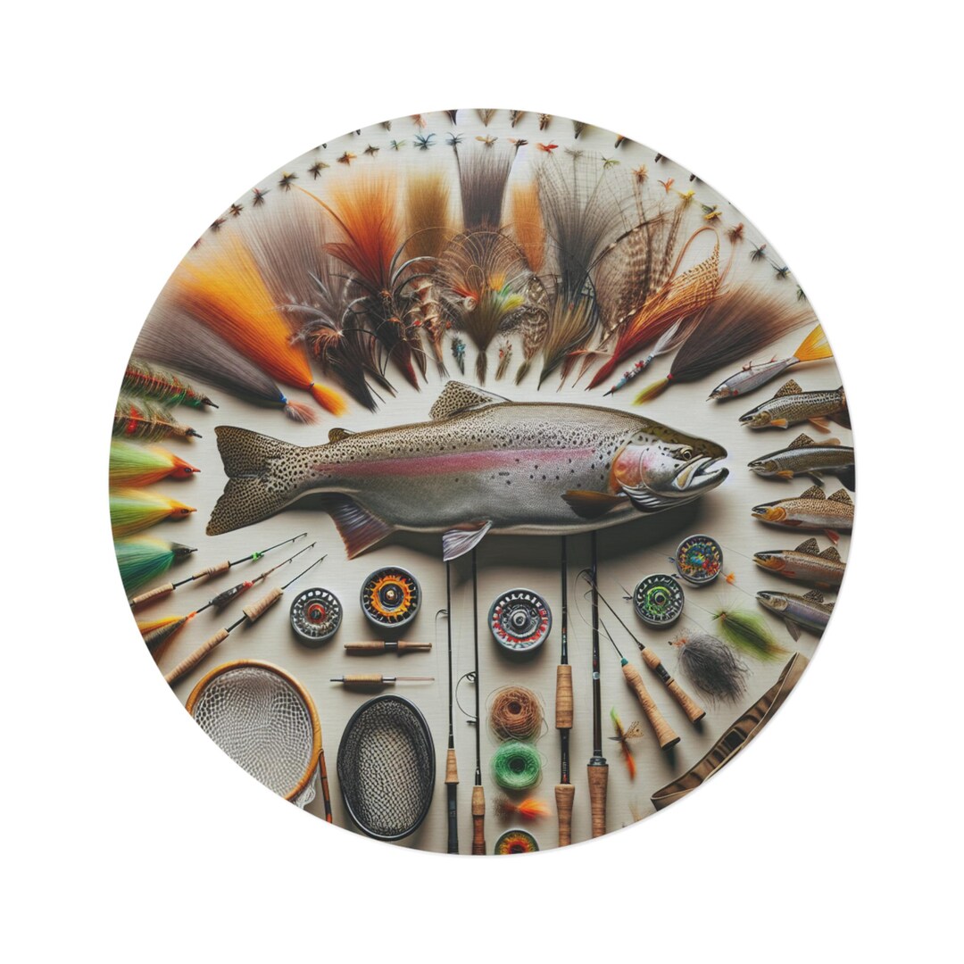 Fly Fishing Round Thow Rug, Indoor Fish Decor, Trout Flies Decorative ...